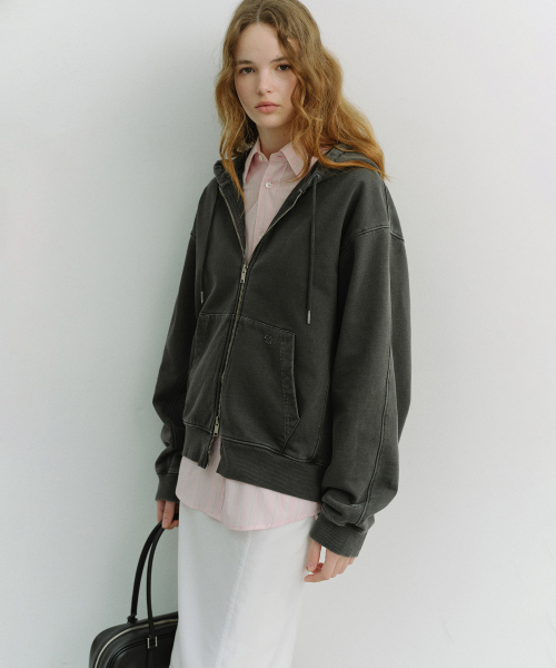 UNISEX garment dyed zip‑up hoodie_UDTS6A114_BLACK (унсекс, дымчатая чёрная)