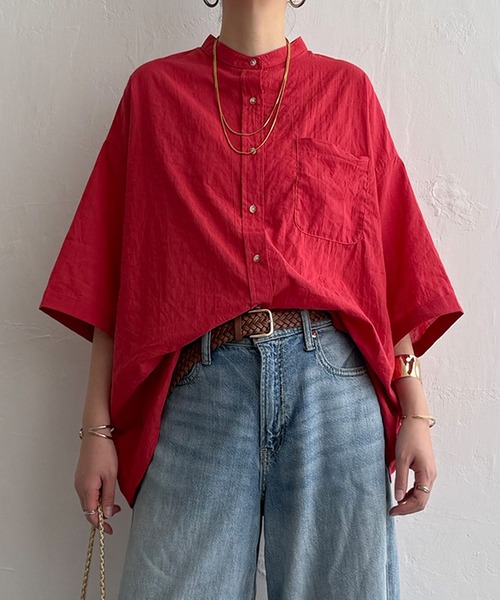 Shircheck Bandカラーオーバーシャツ
