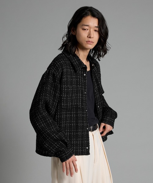 VELNUS — Lame tweed 2‑way sleeve short shirt jacket — твидовый шорт‑жак с 2‑способными рукавами