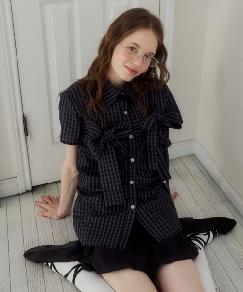 Рубашка с короткими рукавами в клетку и бантом / short sleeve check ribbon shirt