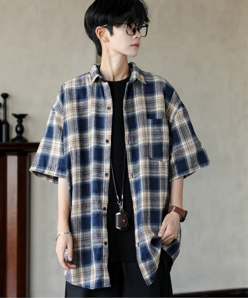 [neos] Loose Sleeve Et Vintage Bintage Relax half-sleeve on-bleached check shirt
