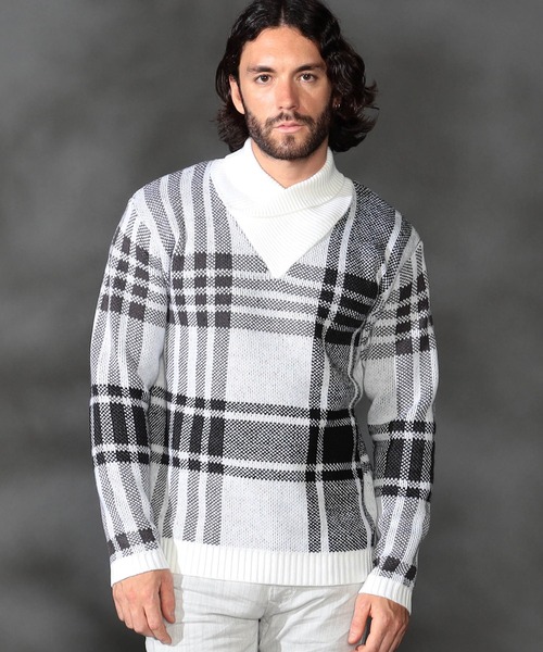 [WEB限定] Big Check Shoulder カラー ニット — большая клетка, шарфовой цвет