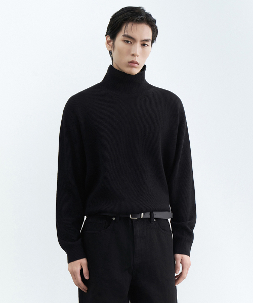 [Victoria Wool] Minimal rib turtle neck knit — чёрный мини‑риб свитер