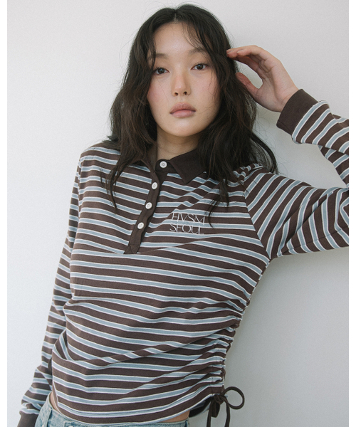 Полосатая рубашка с рельефными сборками регби L/S — коричневая