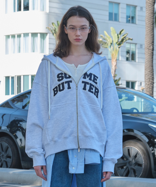 Satin Heart Logo Hoodie Zip‑Up — белый меланж, худи на молнии с сатиновым сердцем