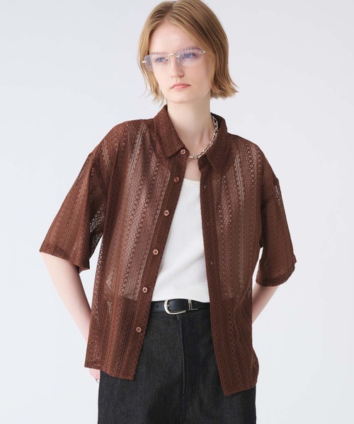 LACE SHEER REGULAR COLLAR SHIRT — полупрозрачная кружевная рубашка с классическим воротником