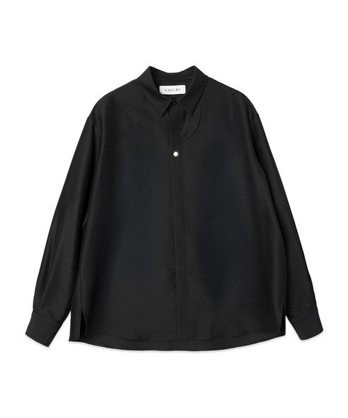 Silk Wool Taffeta Minimal Chin Tab Long Sleeve Shirt — шелково‑шерстяная рубашка с воротником‑стойкой, минималистичная