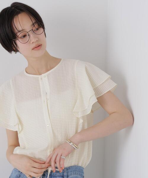 Shirt checkフリル sleeve ribbon blouse (с застежкой‑поло)