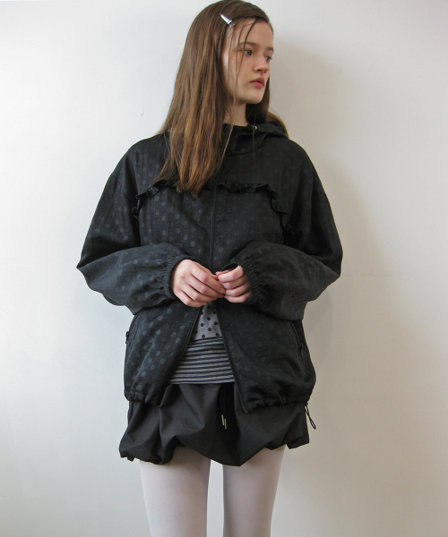 Dot frill hoodie zip-up, black — мужская чёрная худи с оборками на молнии
