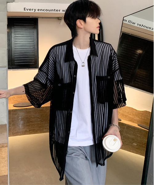 [neos -addictive design-] Big‑silhuette double pocket shear‑mesh stripe half‑sleeve футболка
