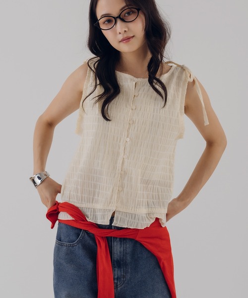Топ без рукавов со сборкой и бантом / shirring sleeveless ribbon blouse