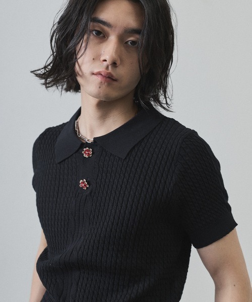Вязаное поло с жаккардовым цветочным узором, короткий рукав пуловер / Floral Button Jacquard Knit Polo Short Sleeve Pullover