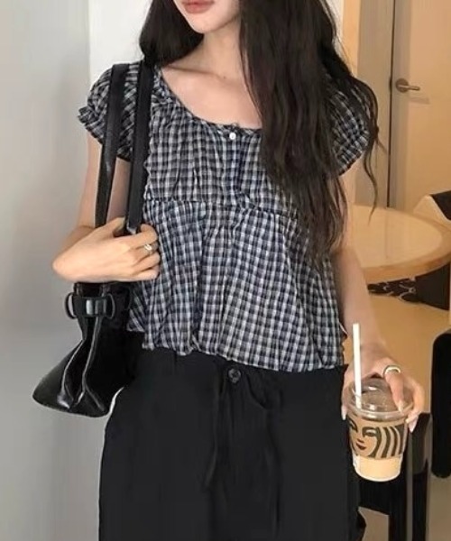 Harfbutton check blouse — рубашка в клетку с пуговицами
