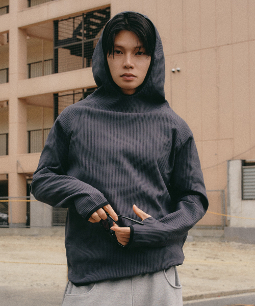 Waffle hi‑neck hooded parker [vintage chacoal]