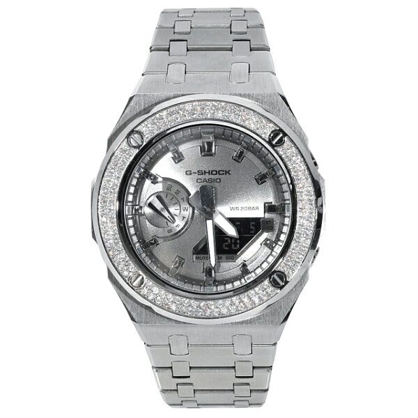 G-SHOCK кастом GA2100SB Silver Dayal — серебристо‑бирюзовый, с 2 последовательными вставками 1ct Moissanite, комплектная книга по проверке, гарантия 1 год