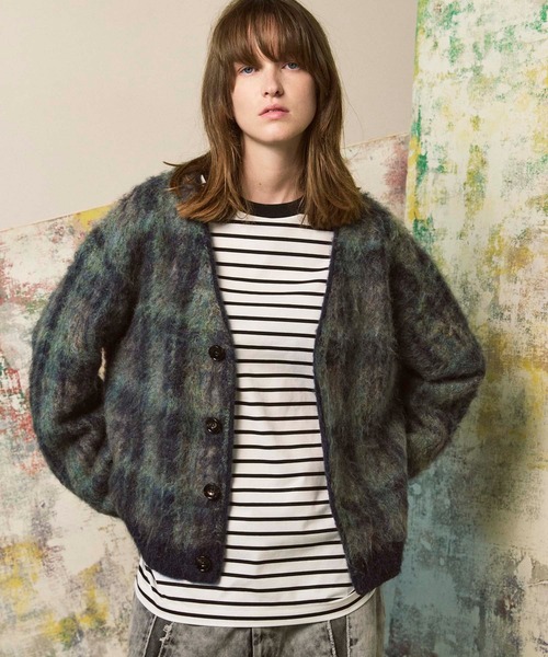 UNISEX 5G — кардиган V-образный с шэгги-узором Plaid Pattern (MAISON SPECIAL)