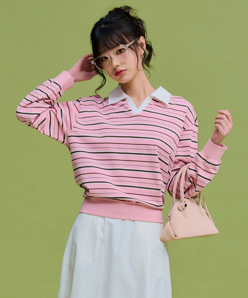 Regular Stripe Open Collar T-shirt - FARG5166B0P