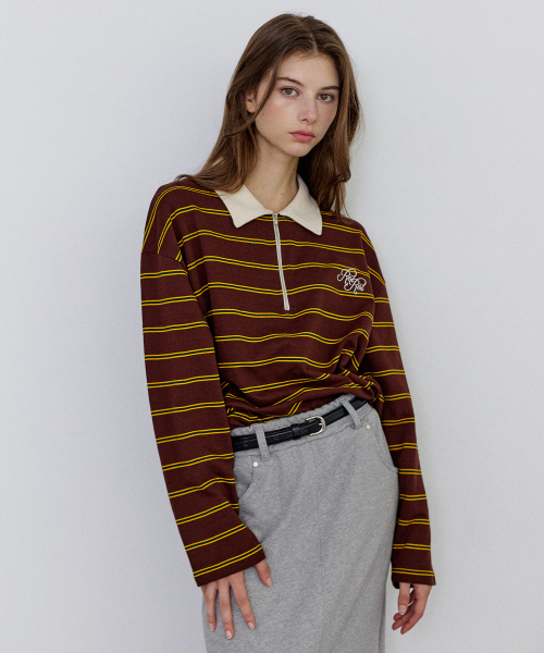 Stripe Polo длинный рукав футболка - brown