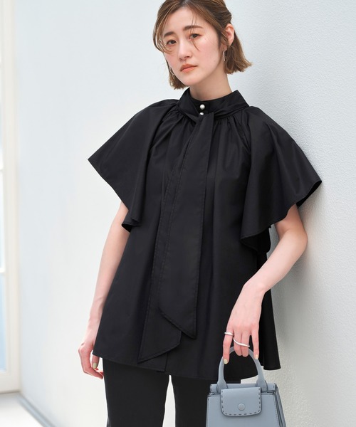 Мальчишечный 2-way стираемый | wide high-neck bowtiful blouse | полу-рукав, фреаслив, хайнек, топс, кабарет, офис, украшение из перьев, блуза