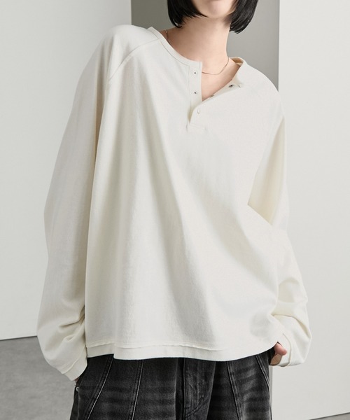 [cussil/кусил] Raglan Metal Snap Button Henley Necklon T‑shirt