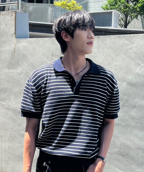Stripeカラー Harfnit Navy T‑shirt
