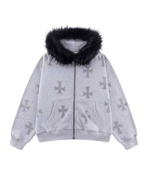 Zip‑hoodie Grey×Black Allover Cross Rhinestone Faux Fur — Unknown London