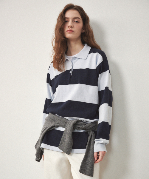 Cotton Ragby스트라이프 пуловер — полосатая рубашка‑поло оверсайз