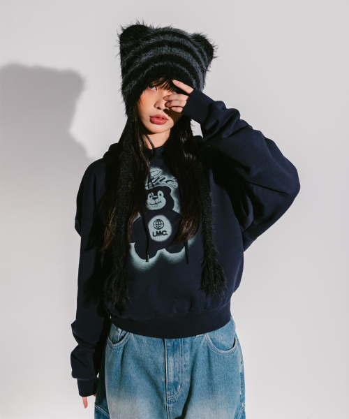 WM SPRAY BEAR CROPPED HOODIE — укороченное худи navy с принтом медведя