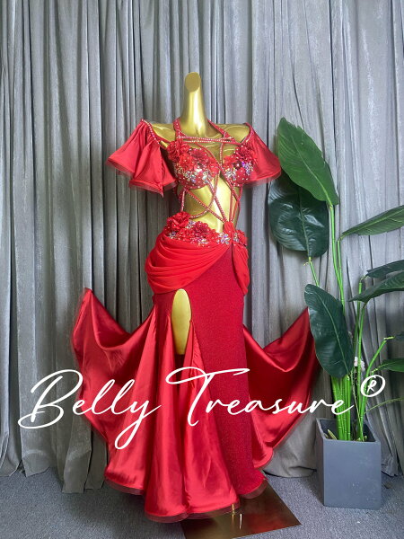 Костюм для belly dance для шоу YM 3028 202206 — костюм для танца живота, комплект, бюстгальтер, юбка, рукава, шорты, ювелирный комплект