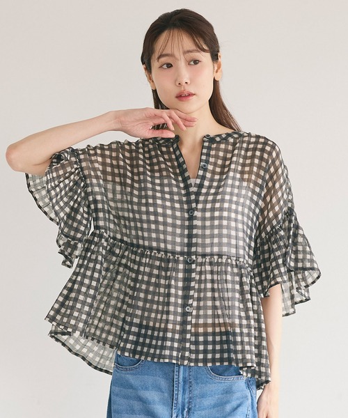 Shirtech pepラムブラウス (Sheer check peplum blouse)
