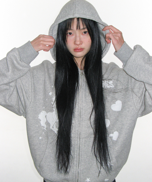UNICORN DRAWING HOODIE ZIP‑UP GREY худи‑зип‑ап с рисунком единорога, серое