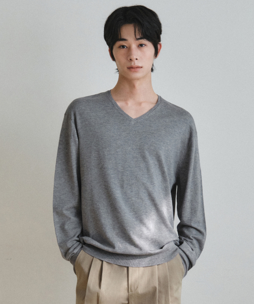 Woshable minimal V‑neck knit GRAY (WC26‑KN20)