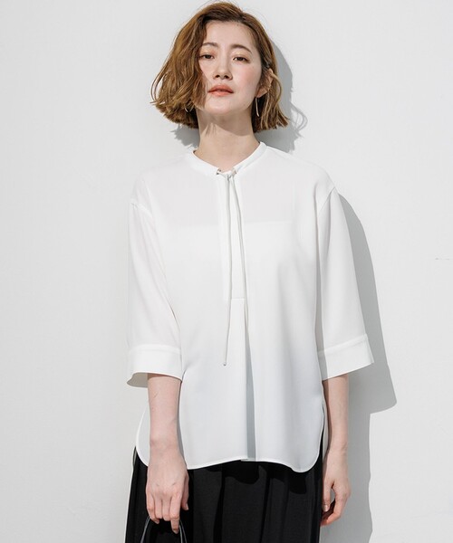 Stretch jersey stand‑collar ribbon blouse — блузка с воротником‑стойкой и ленточной отделкой, рукав‑стретч