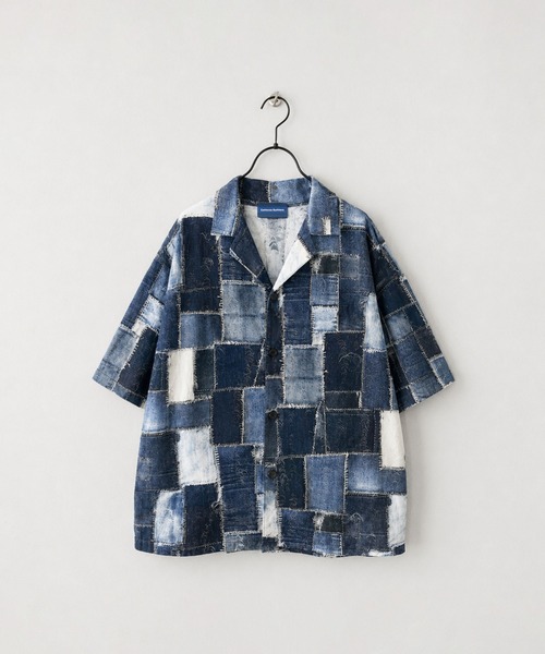 5C28 Realused denim patchwork print wide shirt — широкая рубашка с джинсовым пэчворком