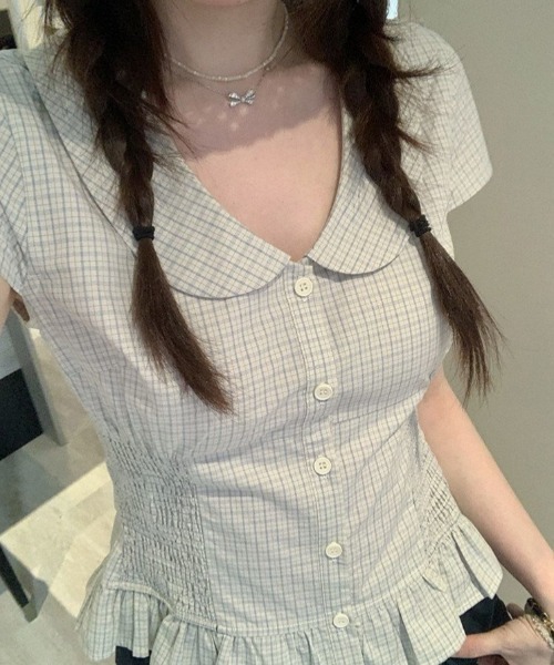 Gingham check peplum blouse / фил‑разрез полурукав топс