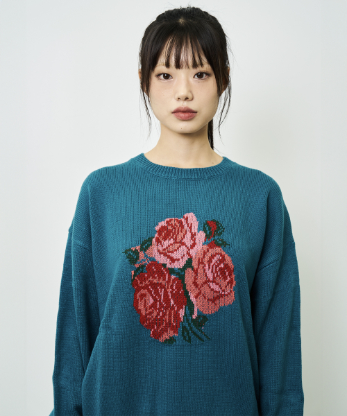 FLOWER KNIT SWEATER (GREEN) — вязаный свитер с цветочным узором, зелёный