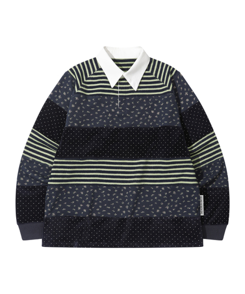Stripe Patchwork PK long sleeve (navy) — лонгслив с полосатым пэчворком (тёмно‑синий)