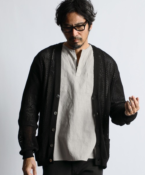 C/L MESH KNIT CARDIGAN — коттон/лен трикотажный кардиган с сеткой