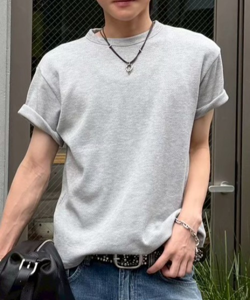 Chikashitsu+ waffle cropped half sleeve tee (4 цвета) — укорочённая вафельная футболка с коротким рукавом