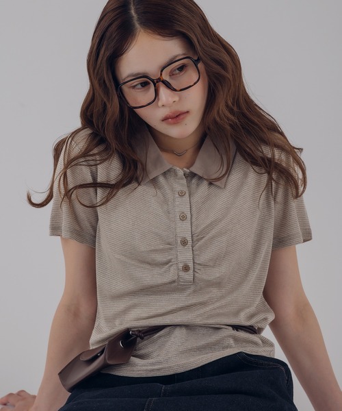 Sheer stripe gathered polo top / поло с прозрачными полосами и сборкой