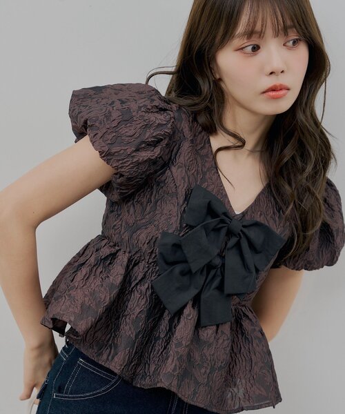 Double ribbon puff blouse