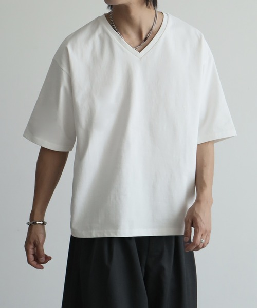 [welise] Шилк-кет райкс мускоттон бокши V‑neck T‑shirt / охлаждающий при контакте UV кат-софт