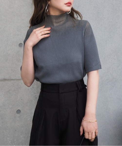 sheer design half sleeve lib knit — полупрозрачный трикотаж с коротким рукавом / хай‑ник шифонный хард