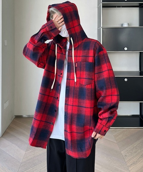 FVLMEN ombre hood check longsleeve shirt — рубашка с градиентной клеткой и капюшоном