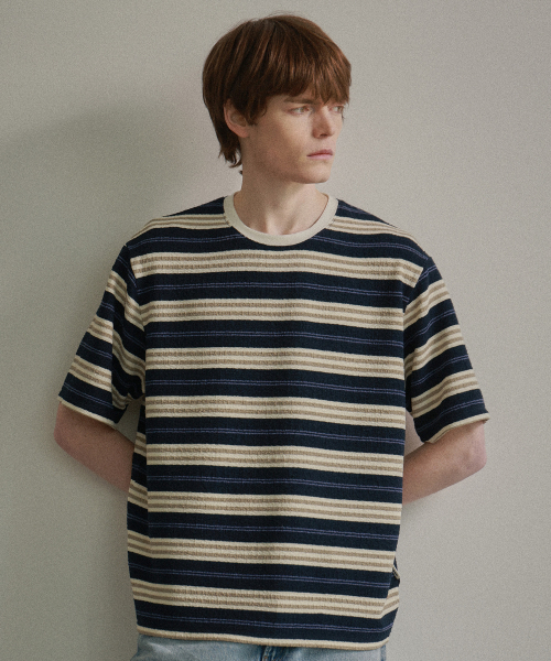 [Collection Line] Airy Stripe 半袖 ニットネイビー (поло‑футболка)