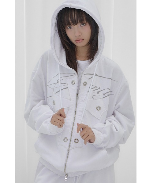 A'GEM FANCY CLUB BIG CROSS EYELET HOODED ZIP‑UP — толстовка‑худи с крупным крестообразным люверсом и капюшоном