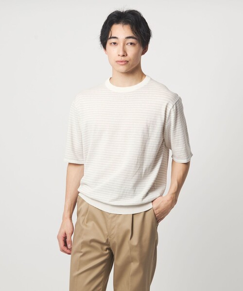 Linen Praiestel ボーダー крут‑кноп — льняной бордер‑футболка, полуприталенная, короткий рукав