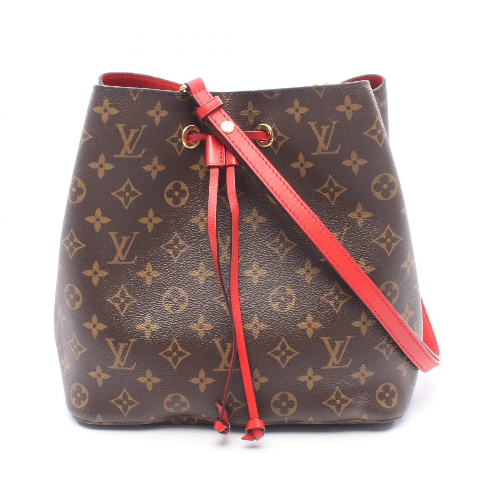 Сумка Louis Vuitton NeoNoe Monogram Coquelicot через плечо, канвас с ПВХ-покрытием, кожа, красная, женская, коническая, M44021 [б/у]