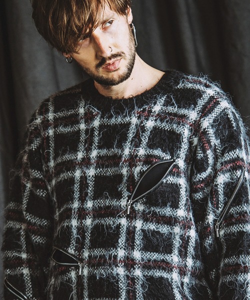 [NO ID.] Zip Check Knit Big Pullover / вязаный пуловер большого размера с молнией и клетчатым узором