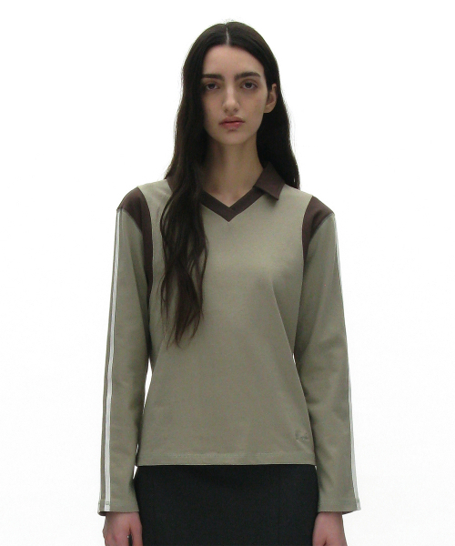 Страйп калер блок поло T‑shirt — Light Khaki